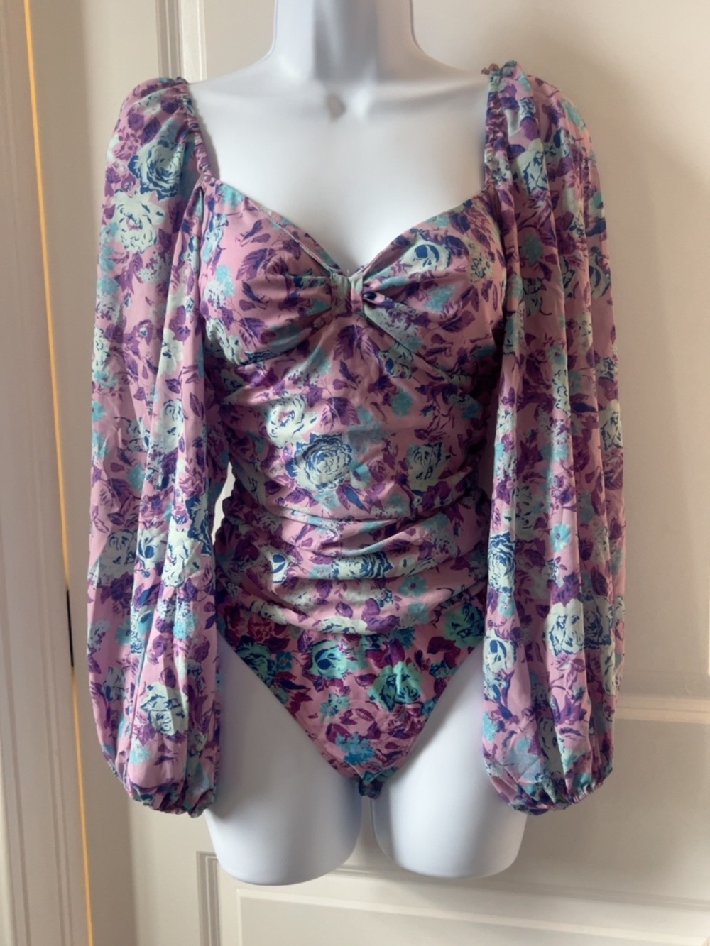 For Love & Lemons Belize Floral Puff Sleeve Bodysuit XS